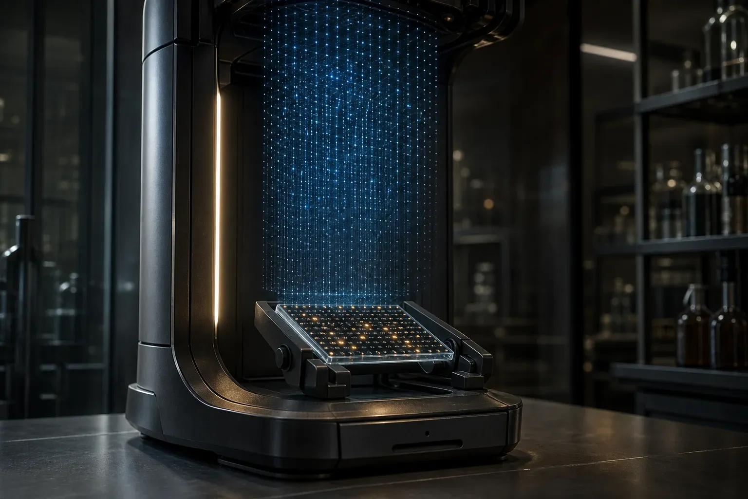 A gridded glass chip in a lab instrument with a few amber lit points, above it a projected denser lattice of fainter blue points.
