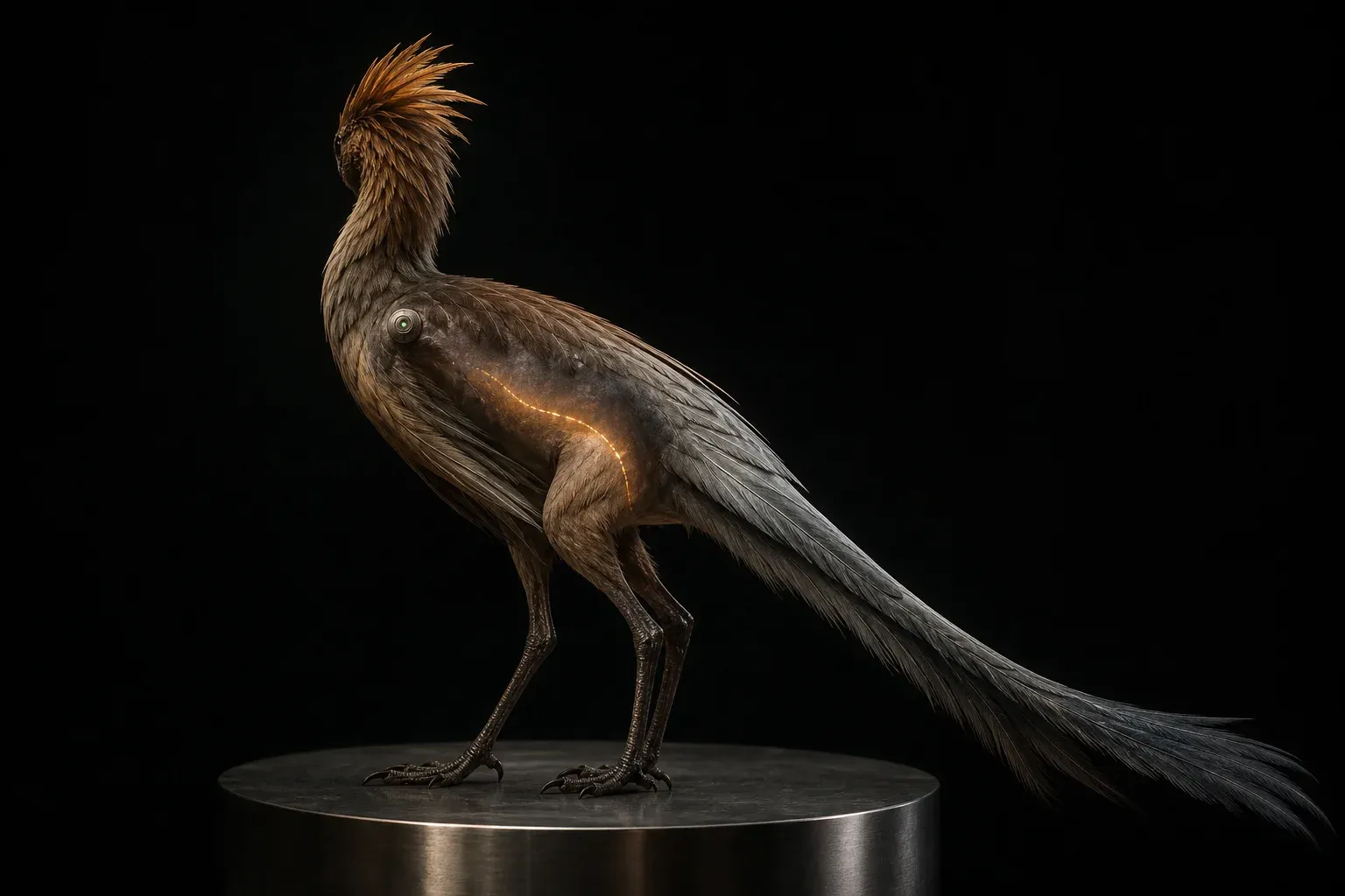 A feathered two-legged creature on a steel plinth in studio light, a glowing curved vessel arcing under the skin of its flank.