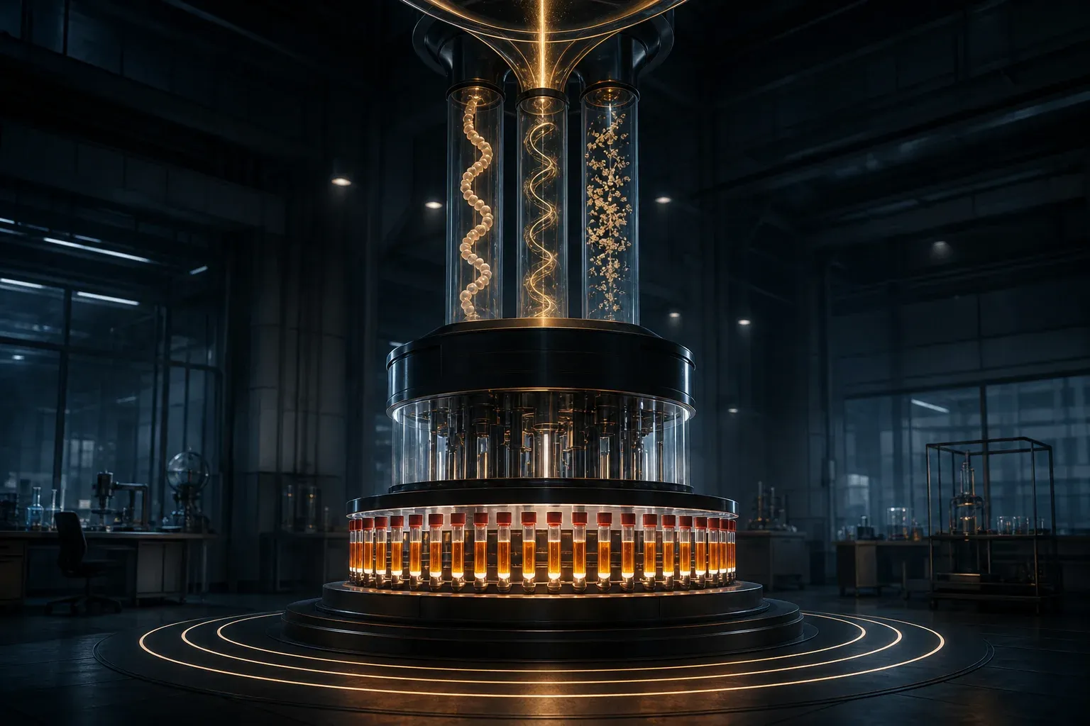 A tall laboratory instrument turns a carousel of glowing blood vials beneath three glass columns of different suspended media merging into one beam.