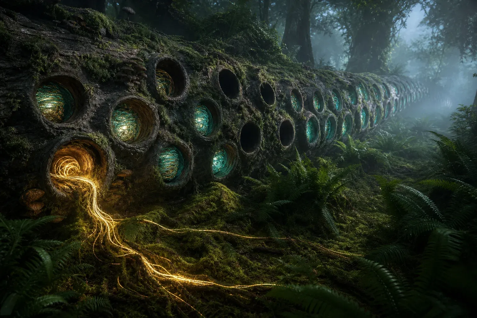 A fallen forest trunk lined with glowing coiled filaments in alcoves, many alcoves dark and empty, one still brightly lit.