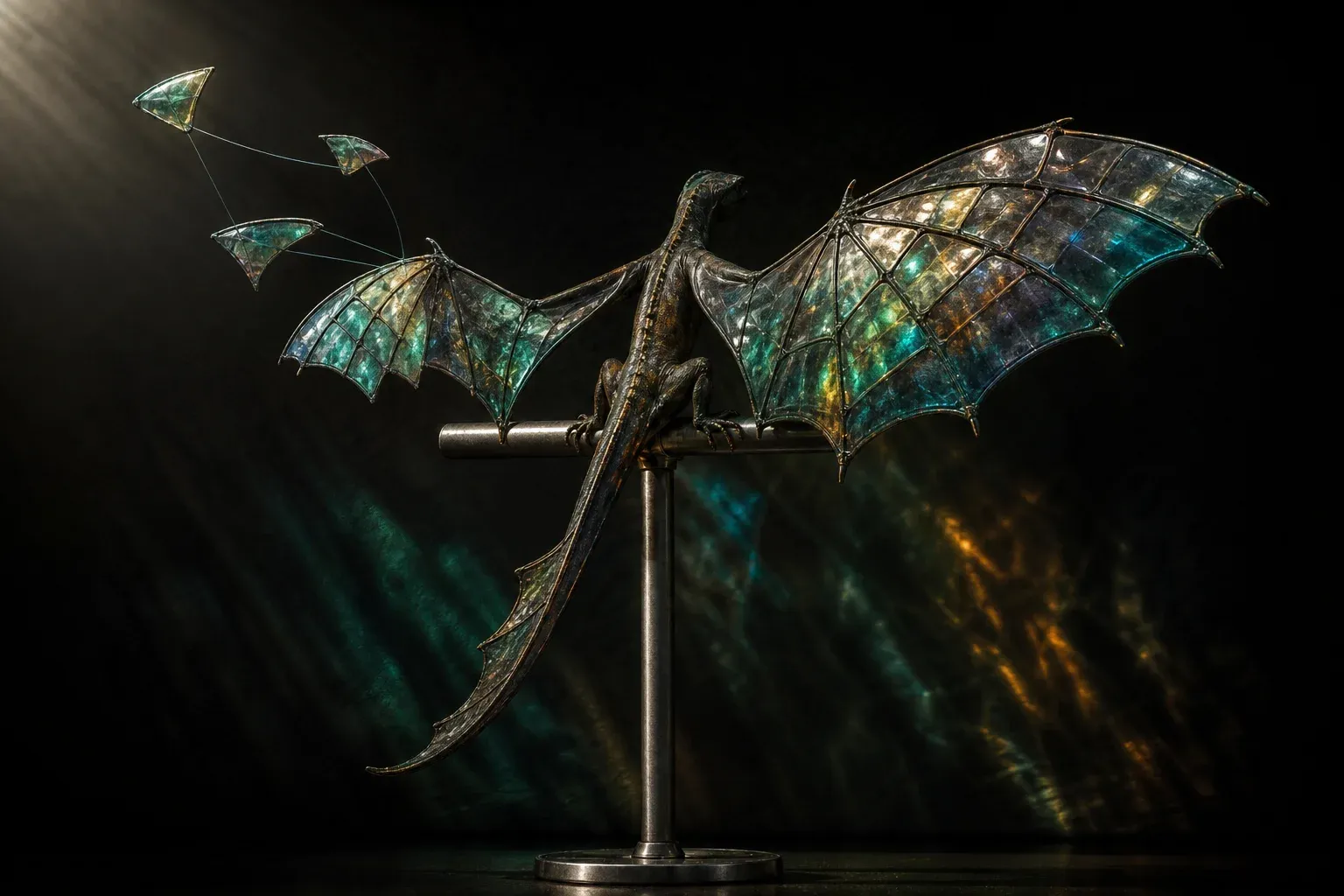 A studio-lit winged reptile specimen whose iridescent wing is made of glassy plates, several lifted away so one wing is shorter than the other.