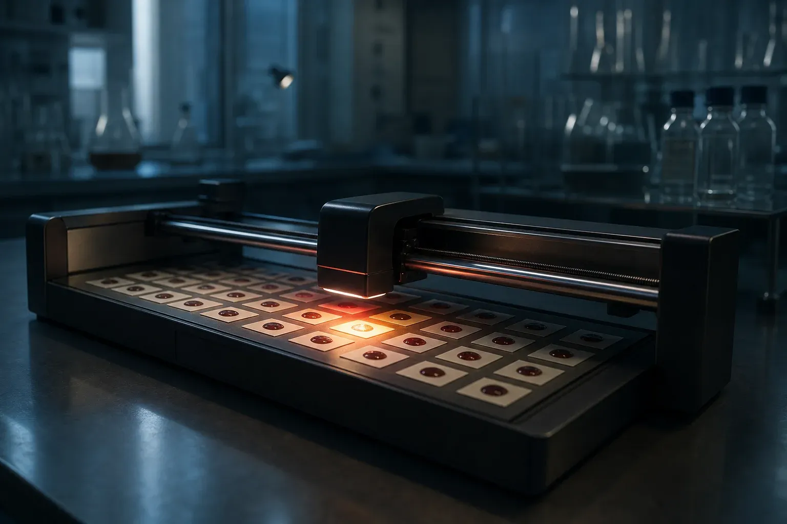 A laboratory instrument scanning a grid of cards with dried blood spots, one spot glowing much brighter than the others.