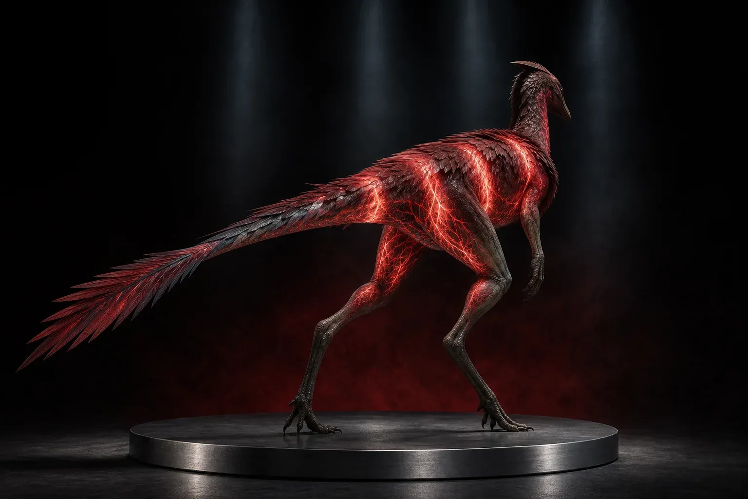 A lean feathered running creature on a steel plinth in a dark studio, glowing red vessels visible under translucent skin, lit by four even light bands.