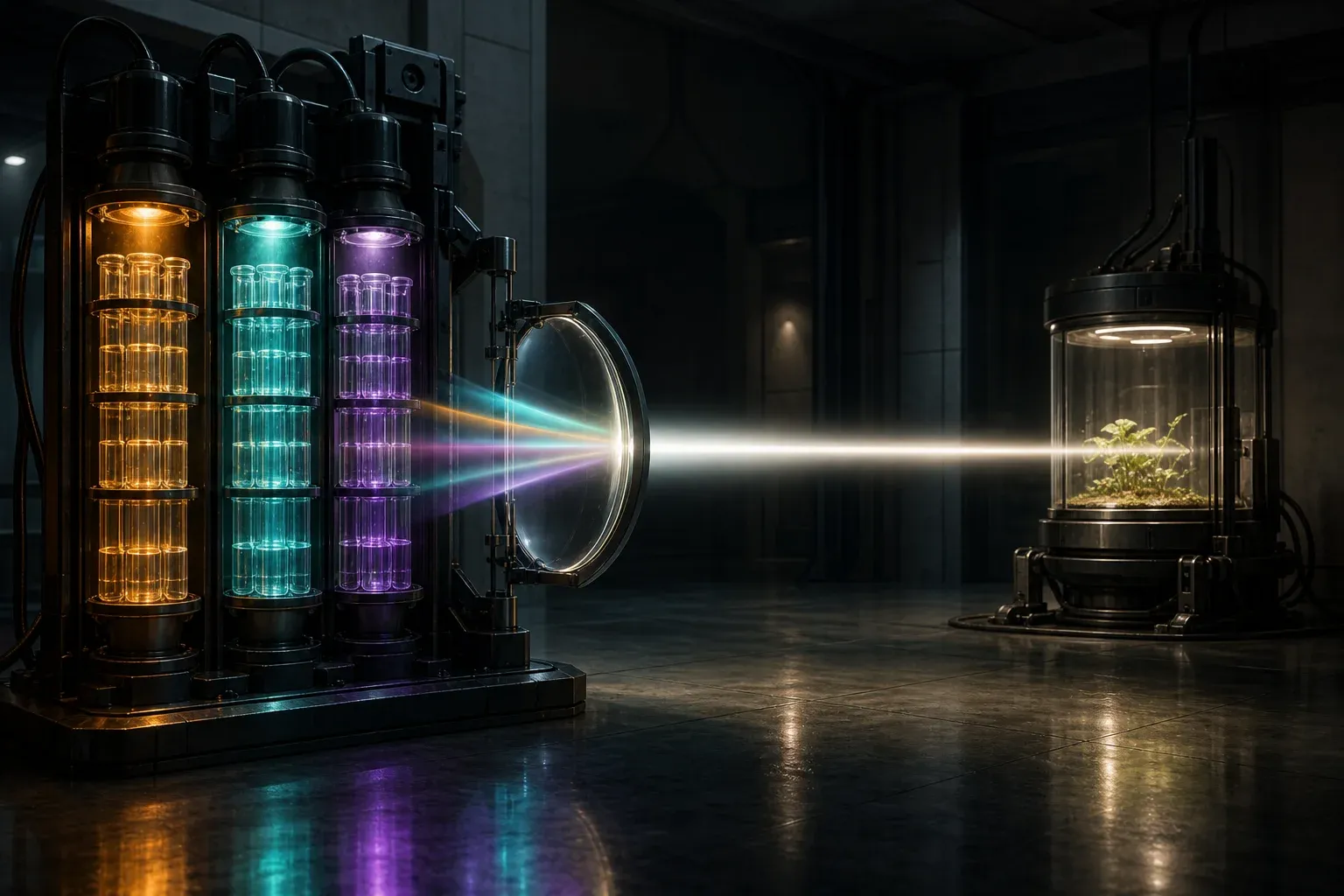 A lab instrument where three differently colored racks of sample vials feed light through a glass plate that merges them into one white beam.