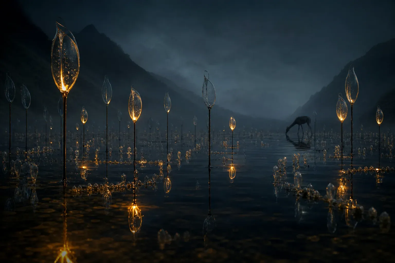 Night marsh full of clear seed pods on stalks, only about sixteen glowing amber, their older glowing husks trailing in the water.