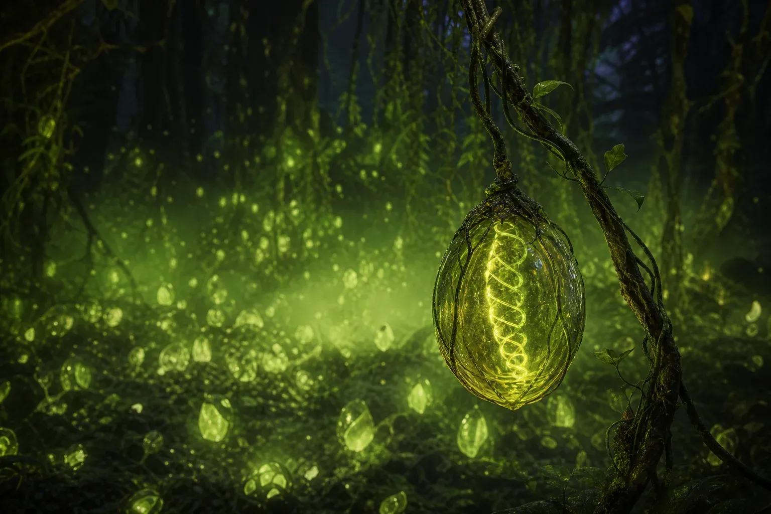 One sealed glowing seed pod hangs intact on a vine while surrounding pods have burst open, leaking light into forest mist.