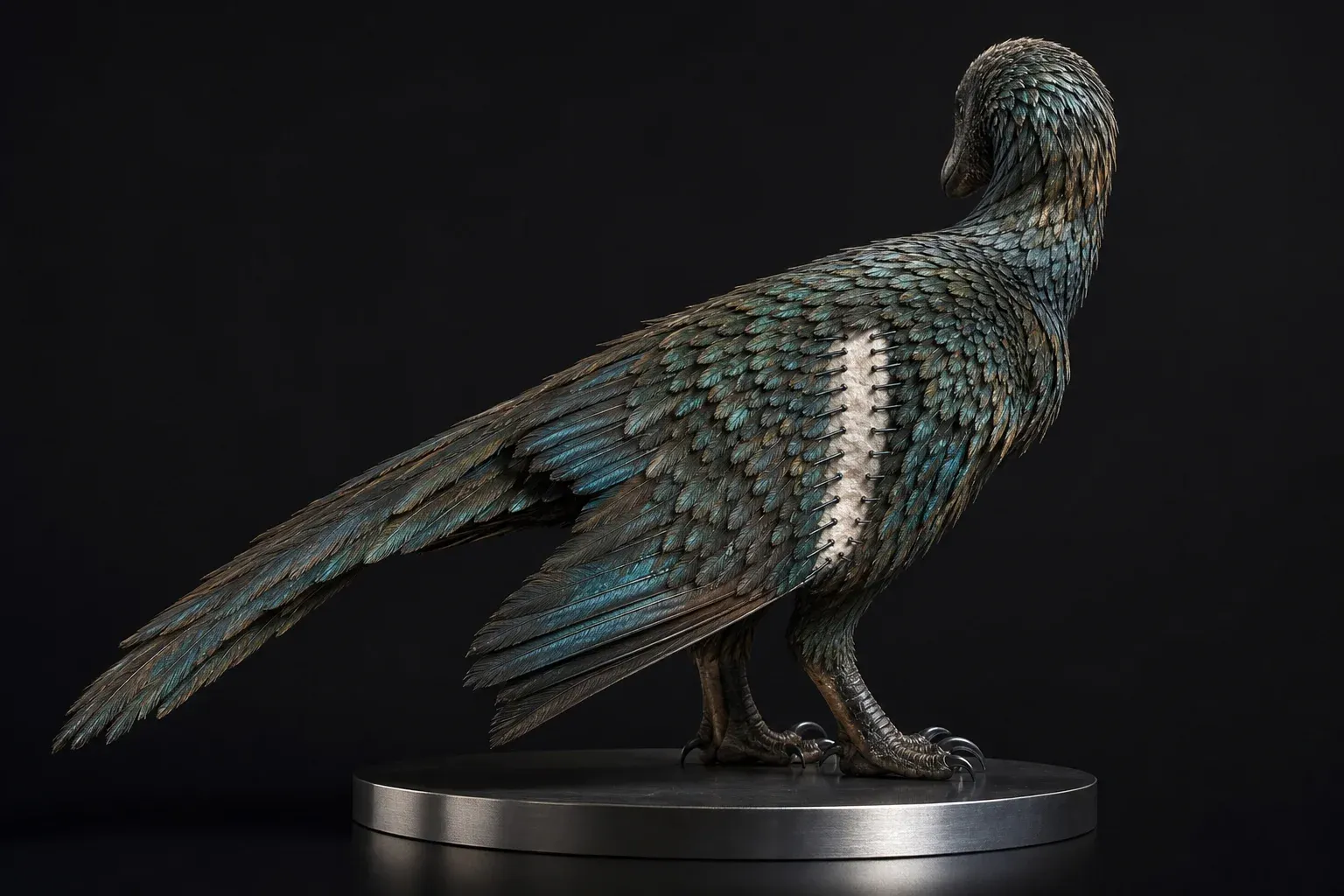 Studio-lit feathered dinosaur specimen on a steel plinth, densely plumaged except for a band of sparse, widely spaced quills on its flank.