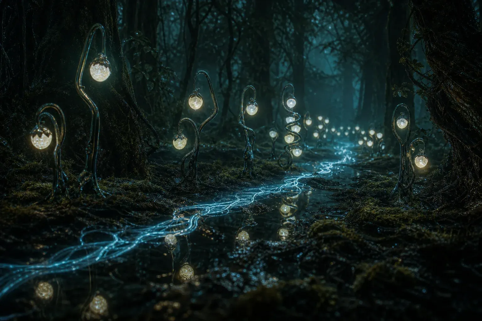 Glowing vine stalks in a dark forest, each bearing a different number of luminous pods, above a long ribbon of blue light on the ground.