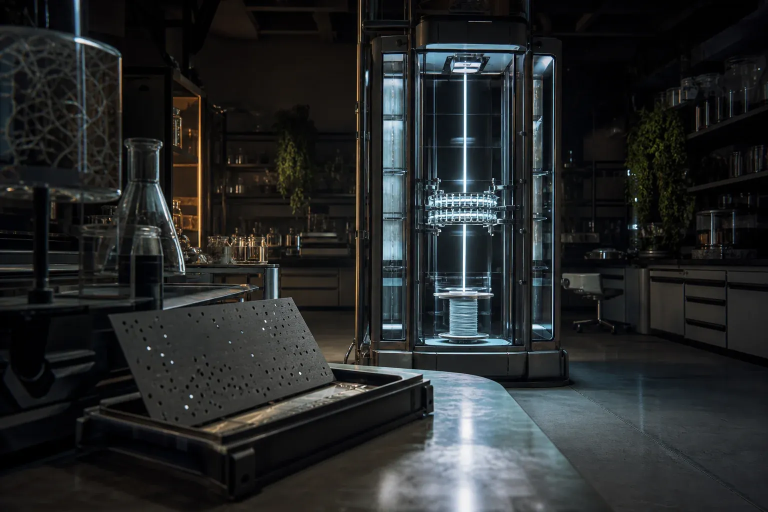 A tall laboratory instrument reads a continuous glowing DNA-like filament while a sparse perforated metal plate lies dim on the bench nearby.