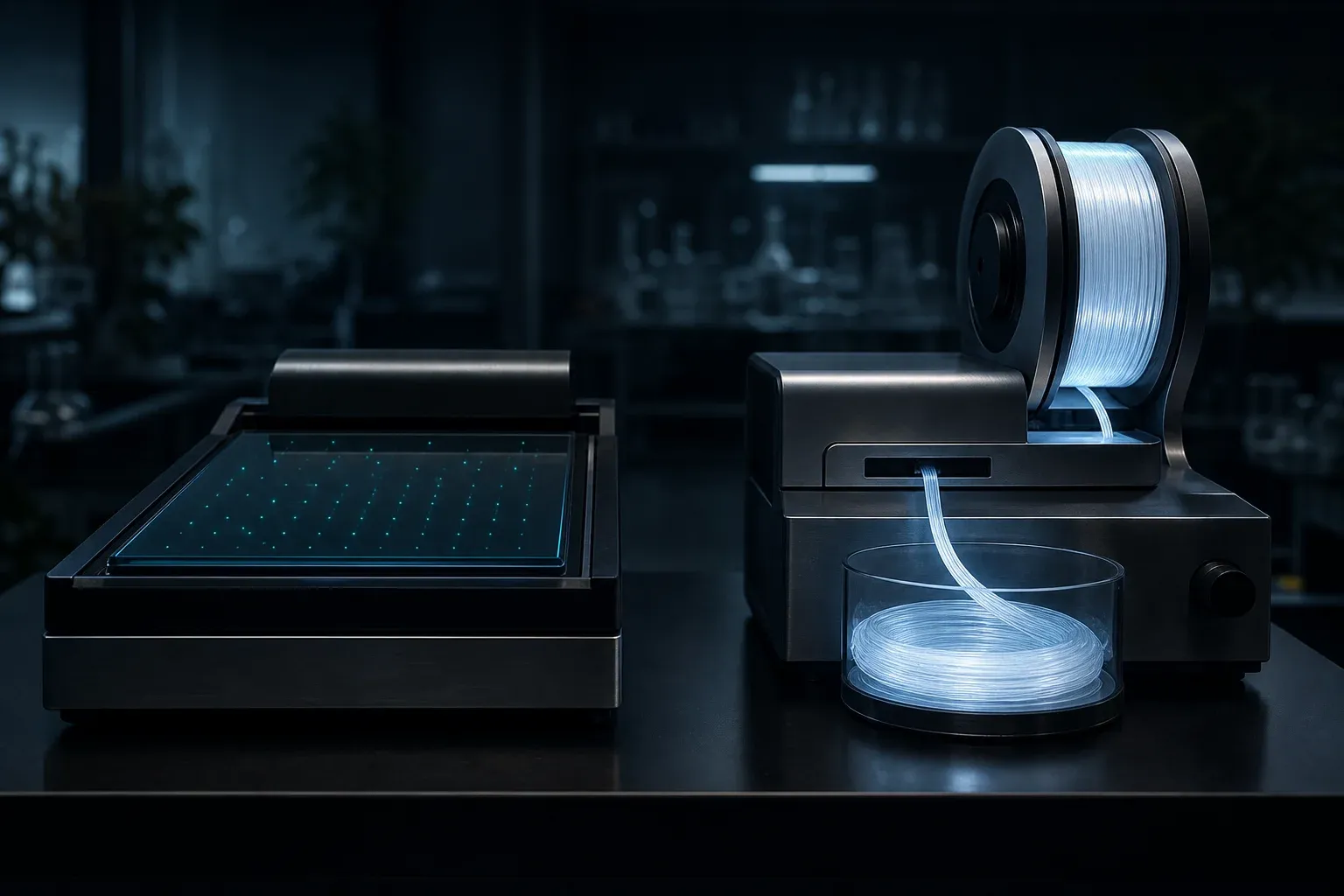 Two lab instruments on a dark bench: one plate with sparse glowing dots, one unspooling a fully lit continuous strand.
