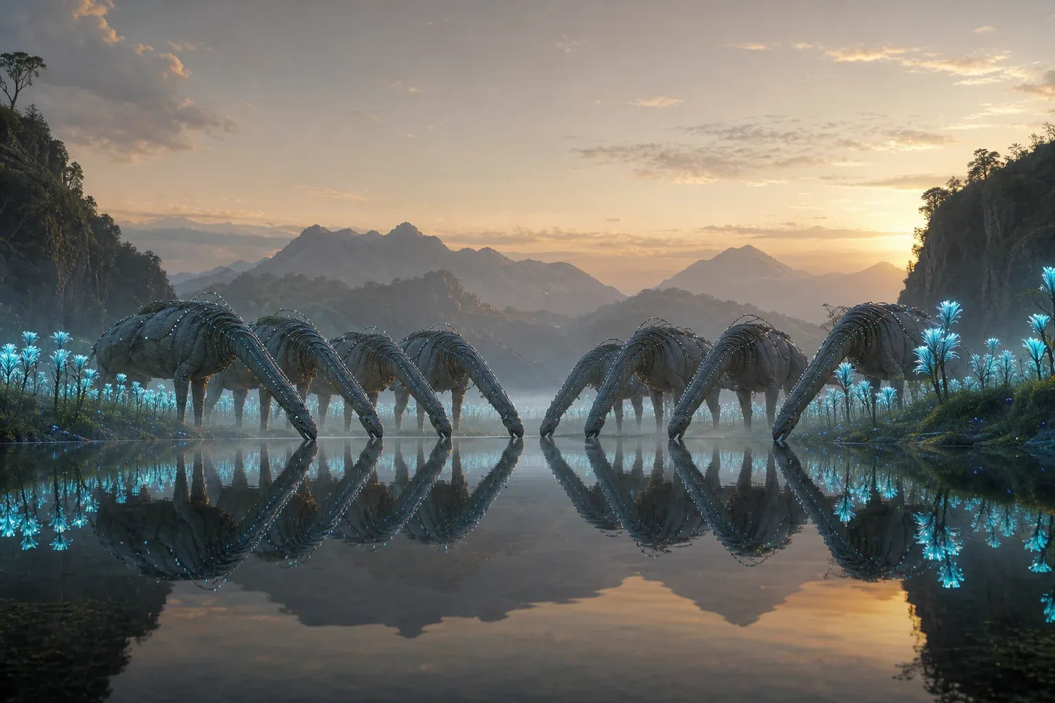 Engineered long-necked animals drink in unison from a misty dawn pool while rows of glowing flowers open together along the bank.