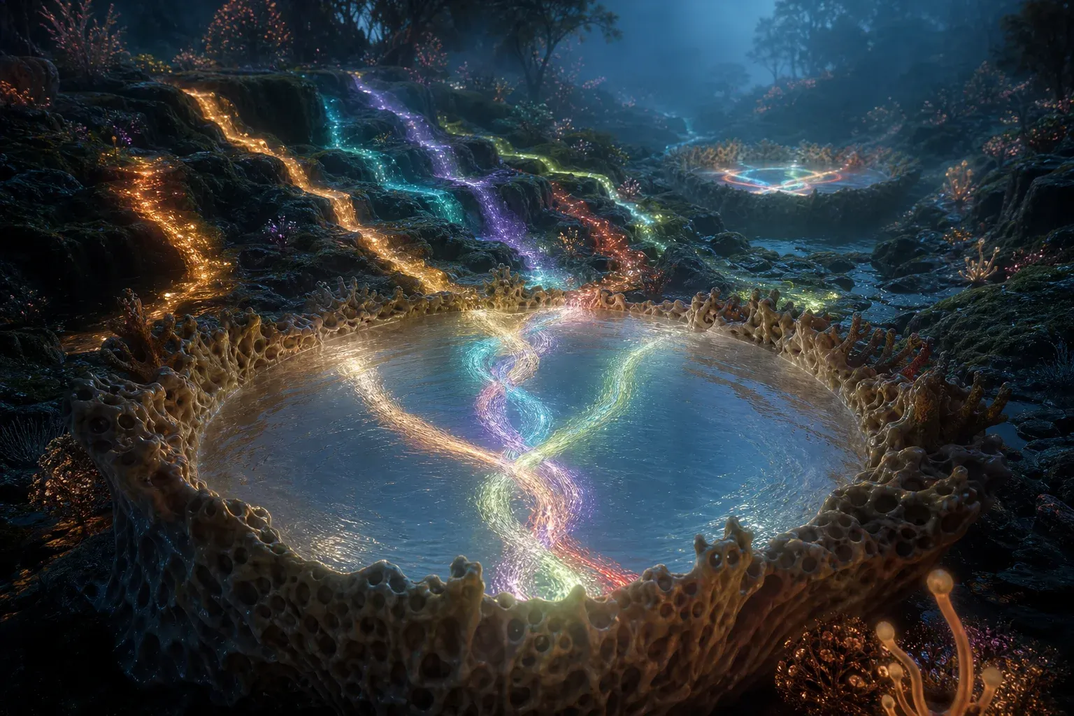 Five colored glowing streams braid into one pool in a living stone basin, with an identical basin repeating behind it in misty forest.