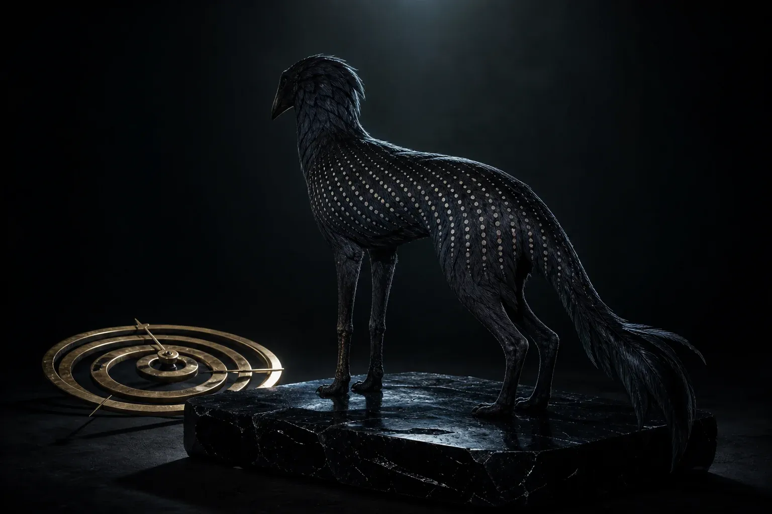 A black-feathered revived animal on a dark studio plinth, its flanks banded with pale dots, beside a brass ring of unmarked dials.