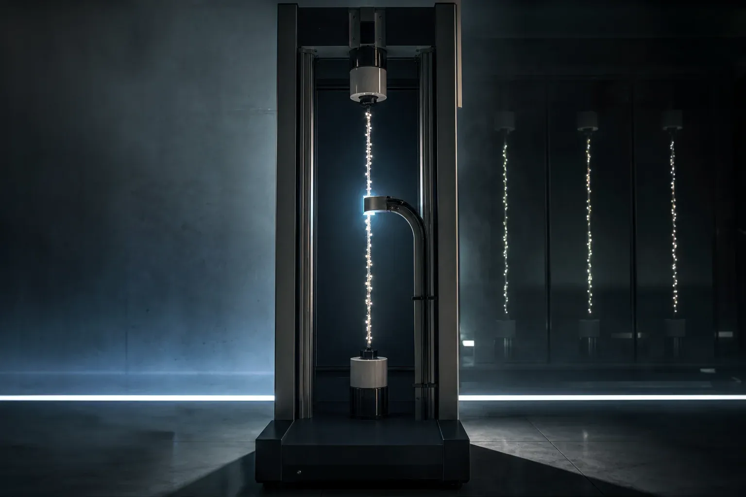 A laboratory instrument scanning a glowing vertical DNA-like strand studded with bright beads, with three similar strands hanging behind it.