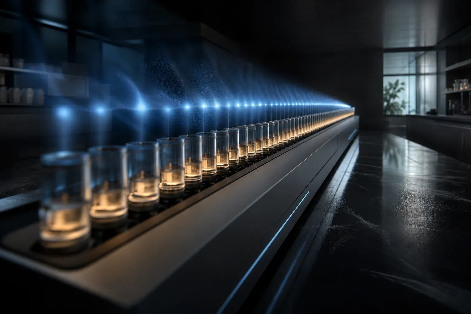 A long rail of identical serum vials inside a dark lab instrument, each topped by a blurred halo of blue light forming a drifting band.