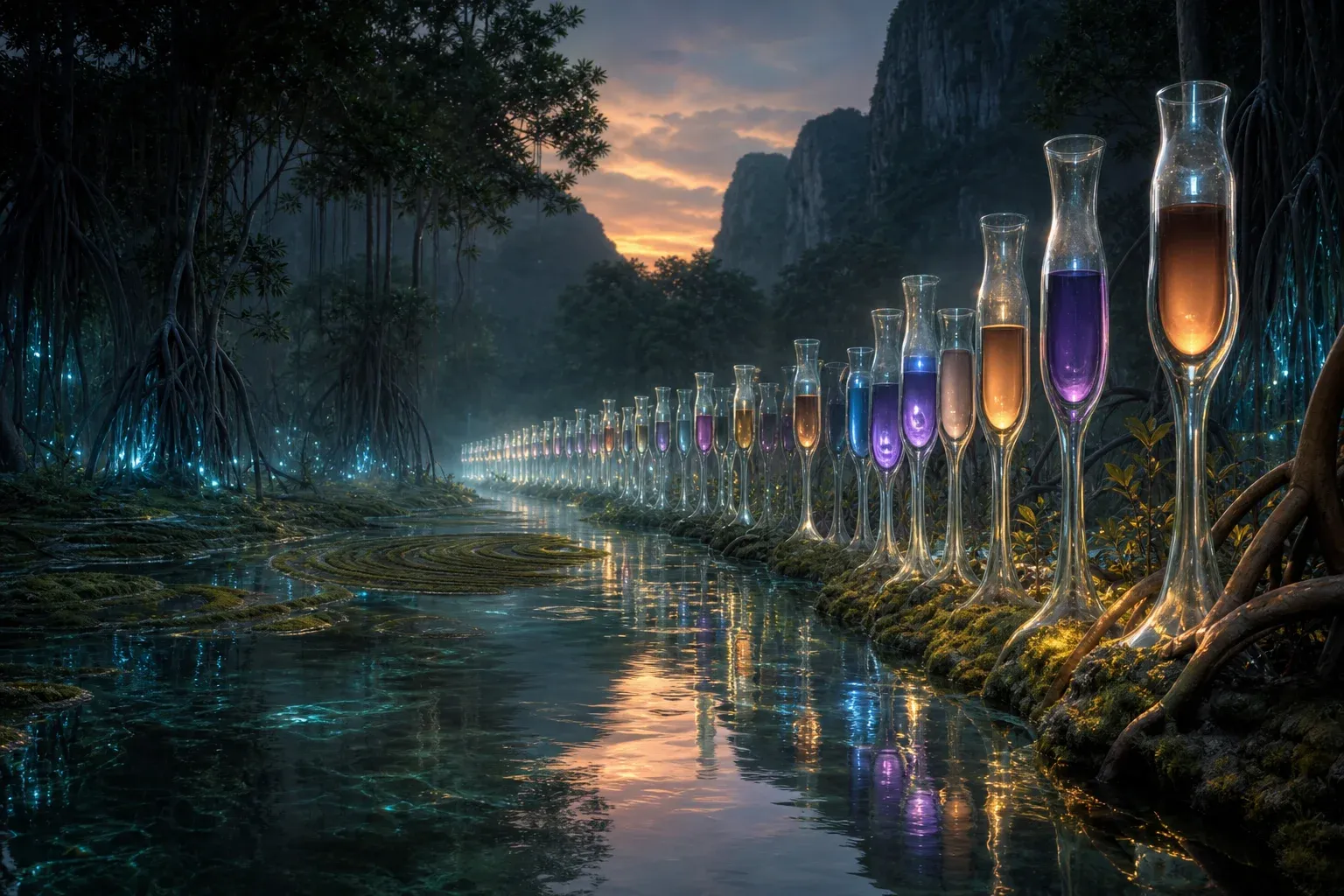 A long receding row of glass-stemmed plants holding colored sap glows beside a misty river in a bioluminescent valley at dusk.