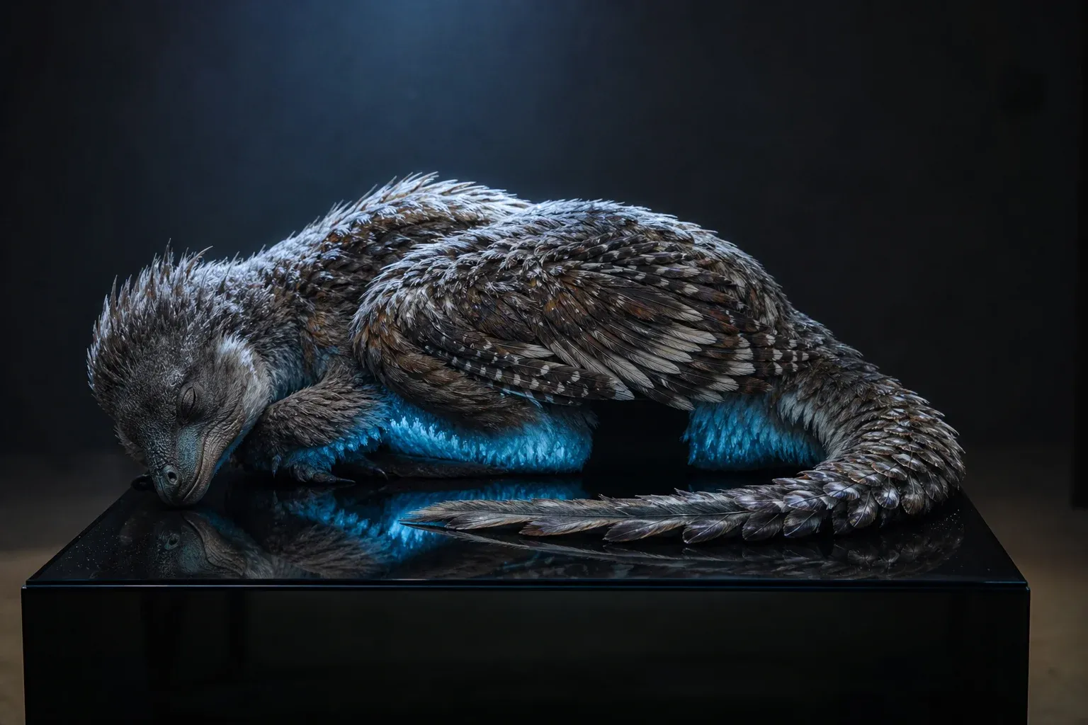 A sleeping feathered reptile on black glass, its glowing belly dimmed, with a hard dark patch where its flank presses down.
