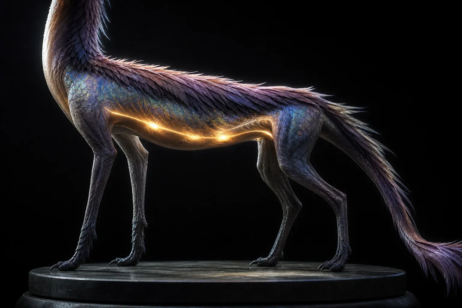 A studio-lit engineered creature on a dark pedestal, with a band of amber light pulsing evenly beneath its translucent belly skin.