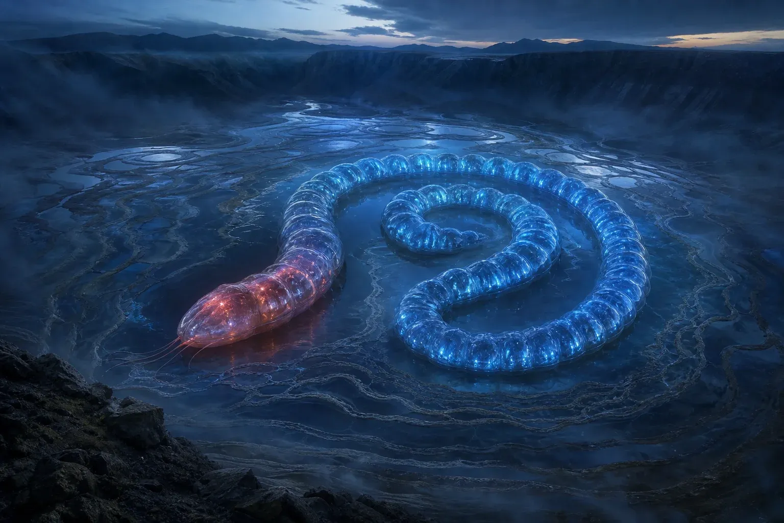 A huge coiled translucent creature in a misty tidal basin, its segments glowing in sequence from red to blue, surrounded by ringed pools.