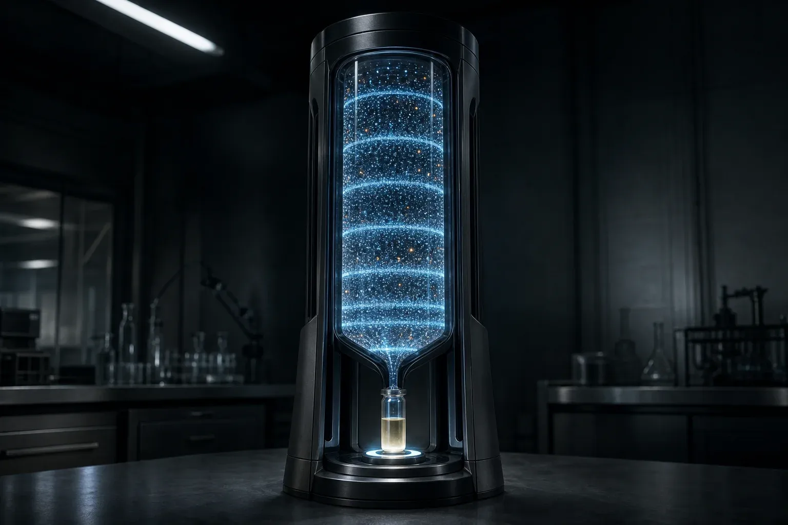 A lab instrument draws plasma from a vial into a glowing glass column where short blue filaments sort into bands, a few glowing orange.