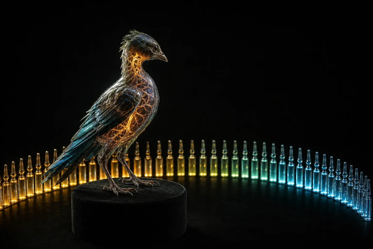 A small glass-skinned feathered creature on a black plinth with glowing veins, facing an arc of a hundred lit serum ampoules.