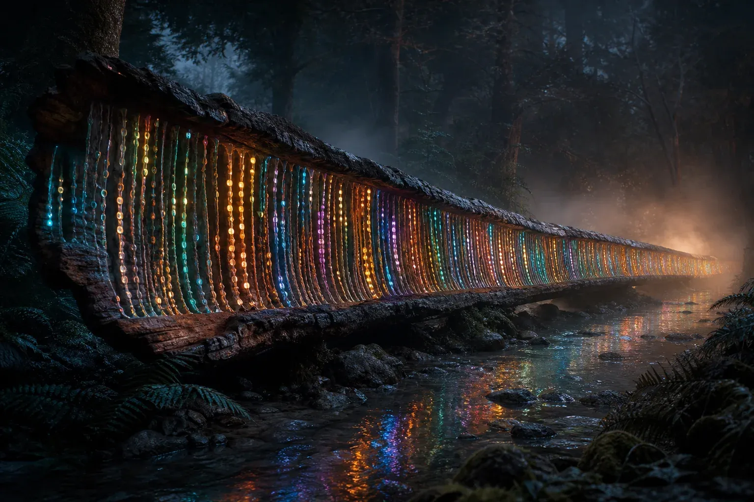 A split glowing log in a dark forest with hundreds of colored sap channels forming rows of bright nodes.