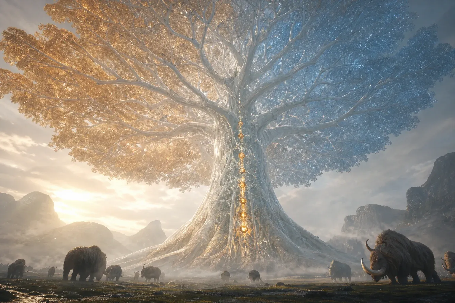 A giant translucent tree in fog, sap glowing amber below a gap in a bead-like chain and blue above it, with grazing beasts beneath.