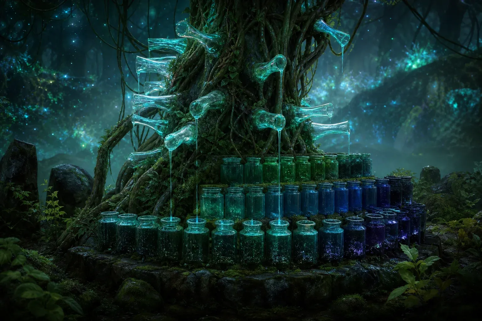 A glowing forest tree drips luminous sap through glass thorns into rows of stone vials of varying colors.