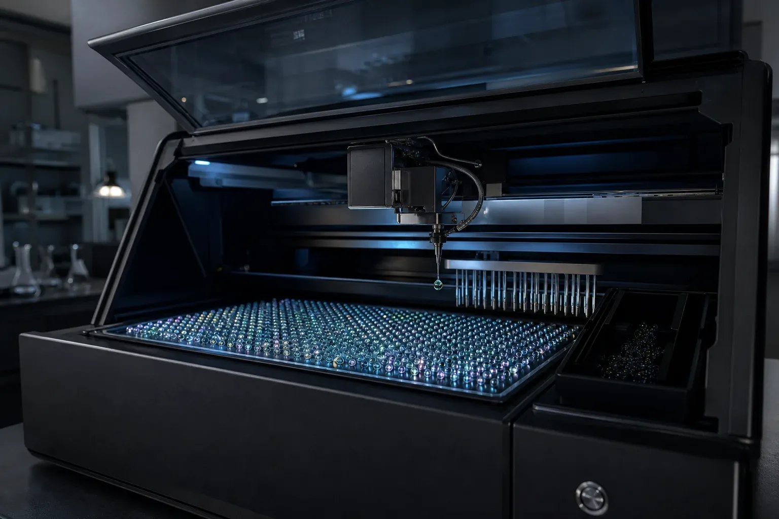 A sequencing machine's glass bay filled with thousands of glowing single-cell droplets being sorted one at a time by a robotic head.