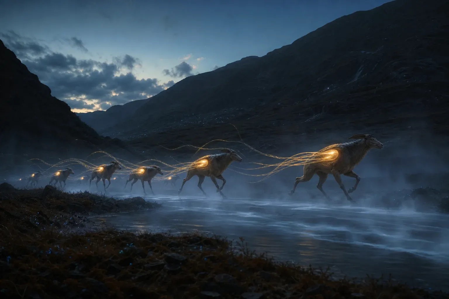 Long-legged glowing herd animals running through a misty valley, each with an amber shoulder organ leaving lagging light trails.
