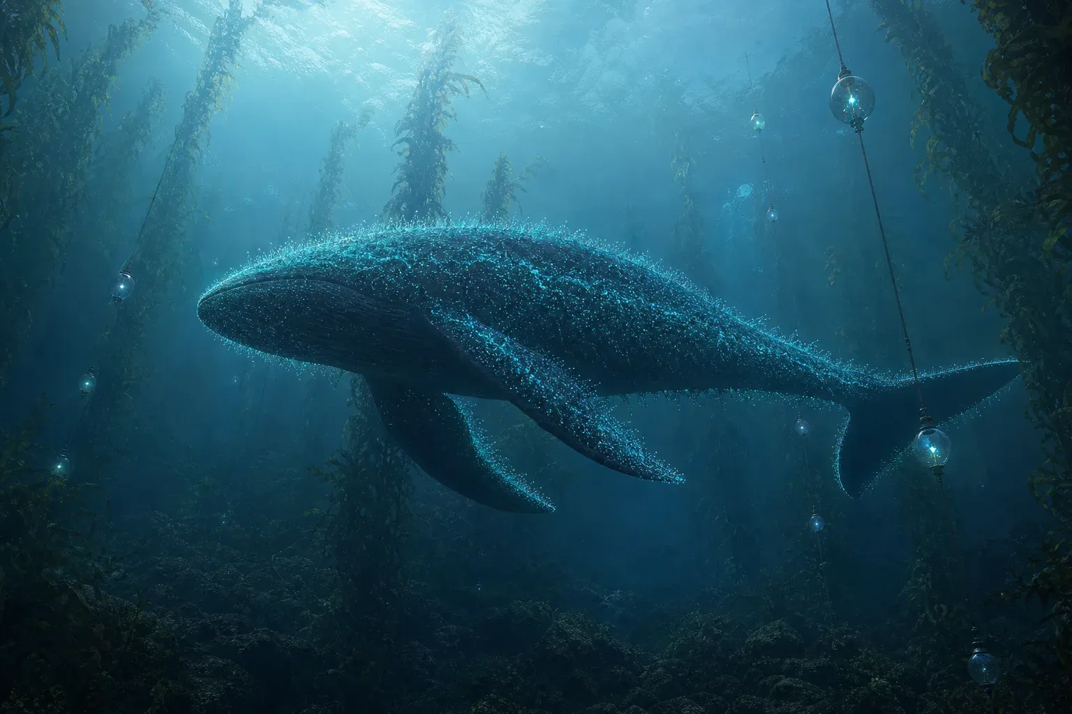 A huge sea creature covered in translucent branching filaments, scattered points of which glow cyan, drifting above glass floats in a dark reef.