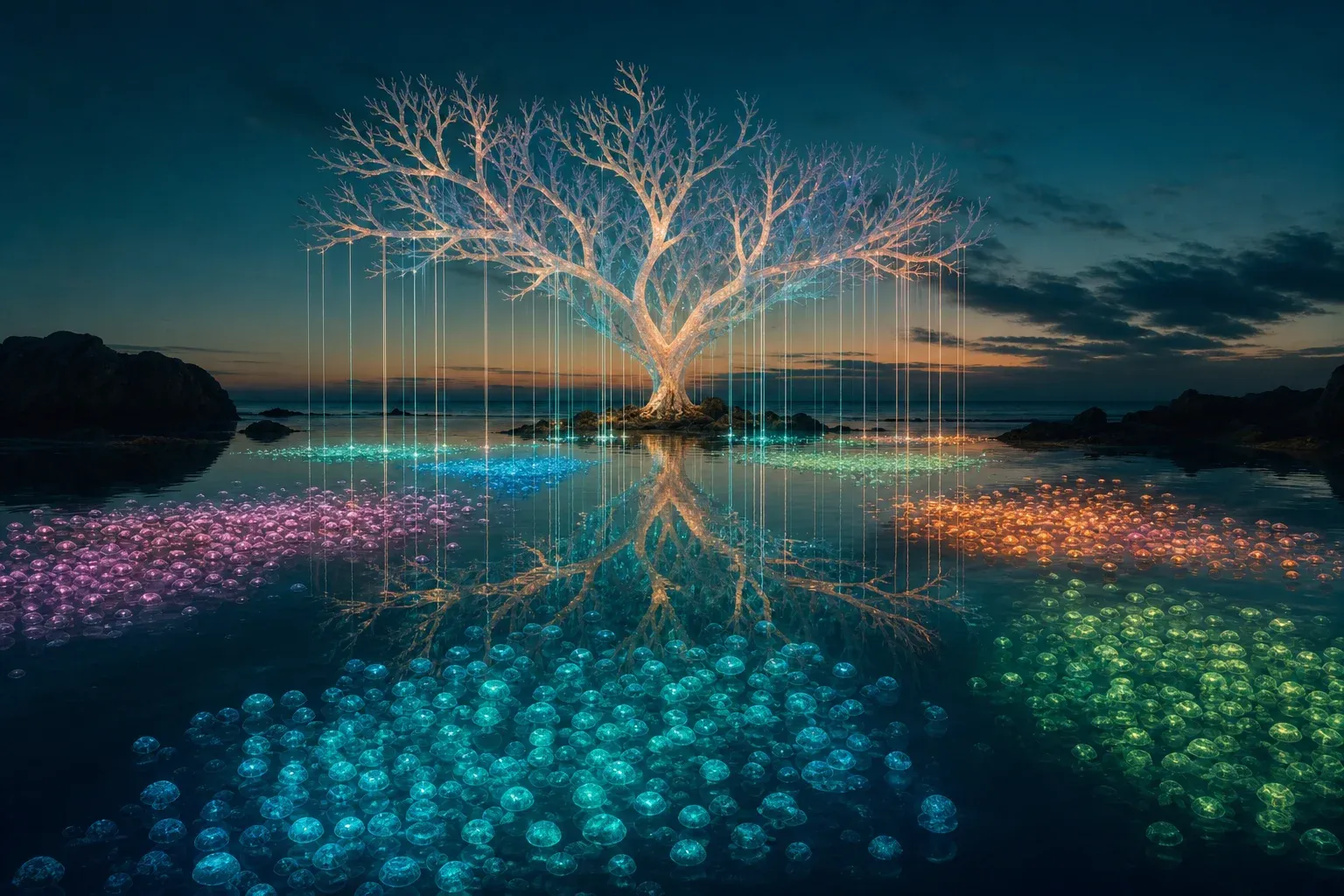Glowing jellyfish gathered in separate colored shoals in a dark tidal basin beneath a branching coral tree of light.