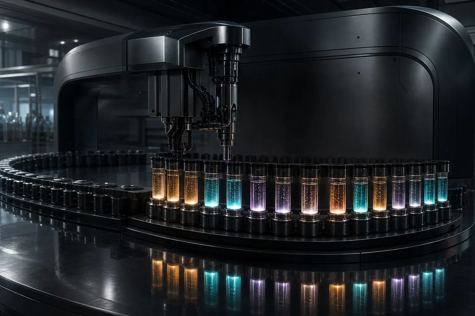 Fourteen glowing liquid-filled vials lit in a row on a dark lab analyzer, with hundreds of unlit empty sockets continuing into shadow.