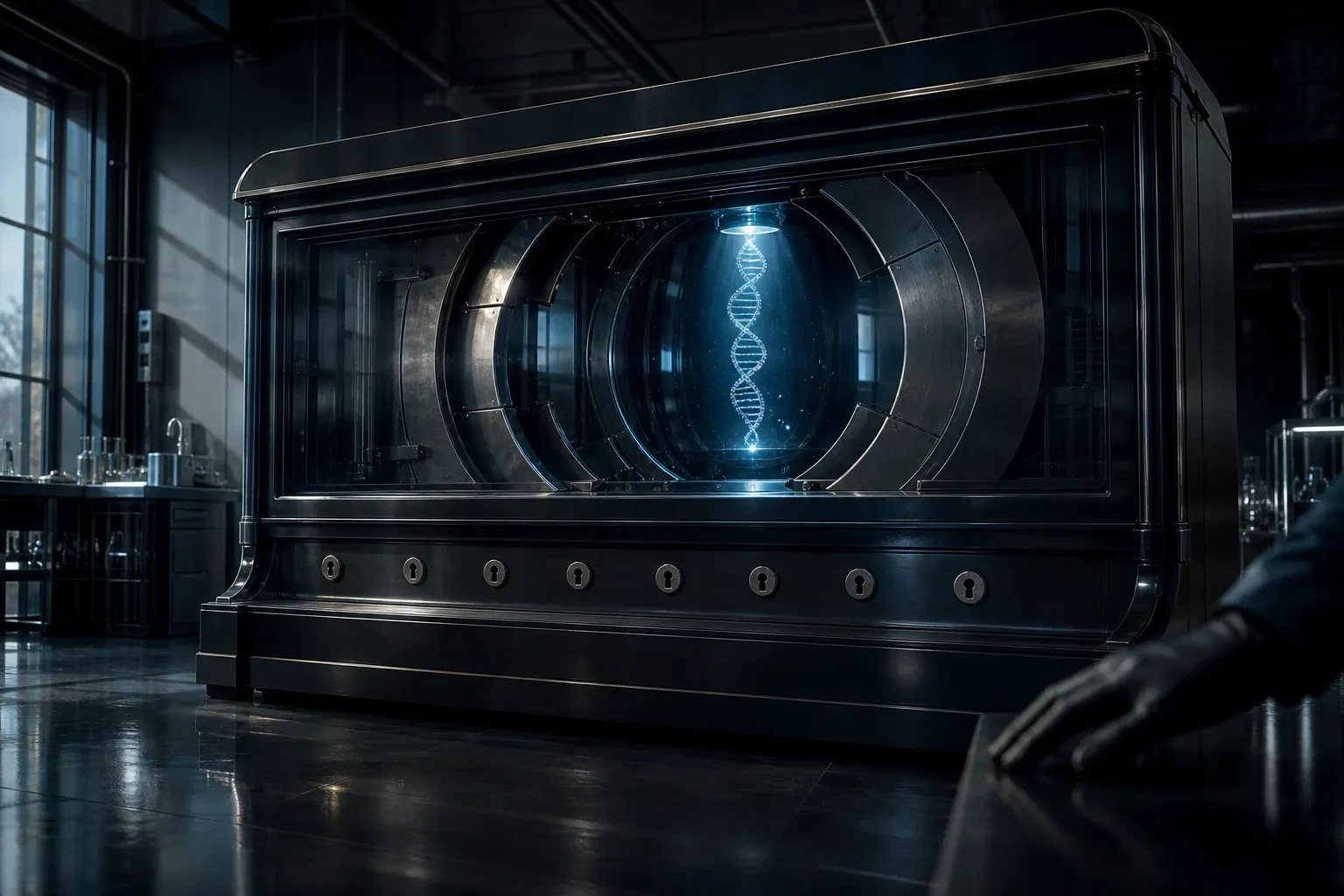 A sequencing machine in a dark lab holds a glowing DNA strand behind armored glass and iris-like steel shutters.