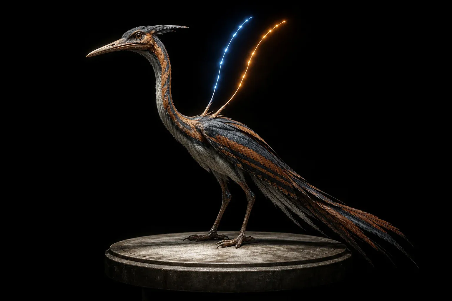 A feathered reptilian creature on a studio pedestal against black, with two fine glowing quills on its shoulder pulsing amber and blue.