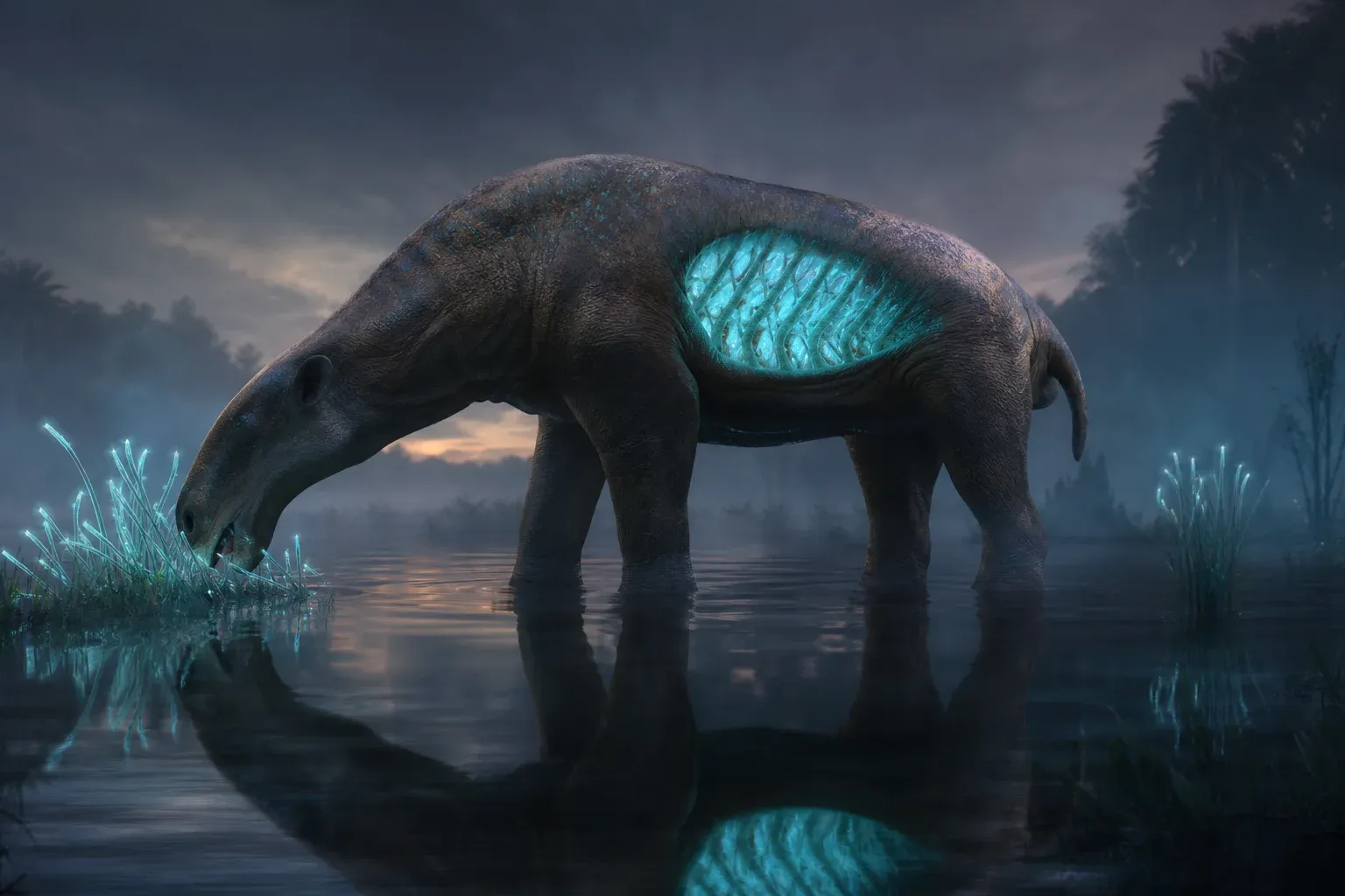 A large grazing animal in a misty wetland with a translucent glowing patch on its flank pulsing in slow waves as it feeds.
