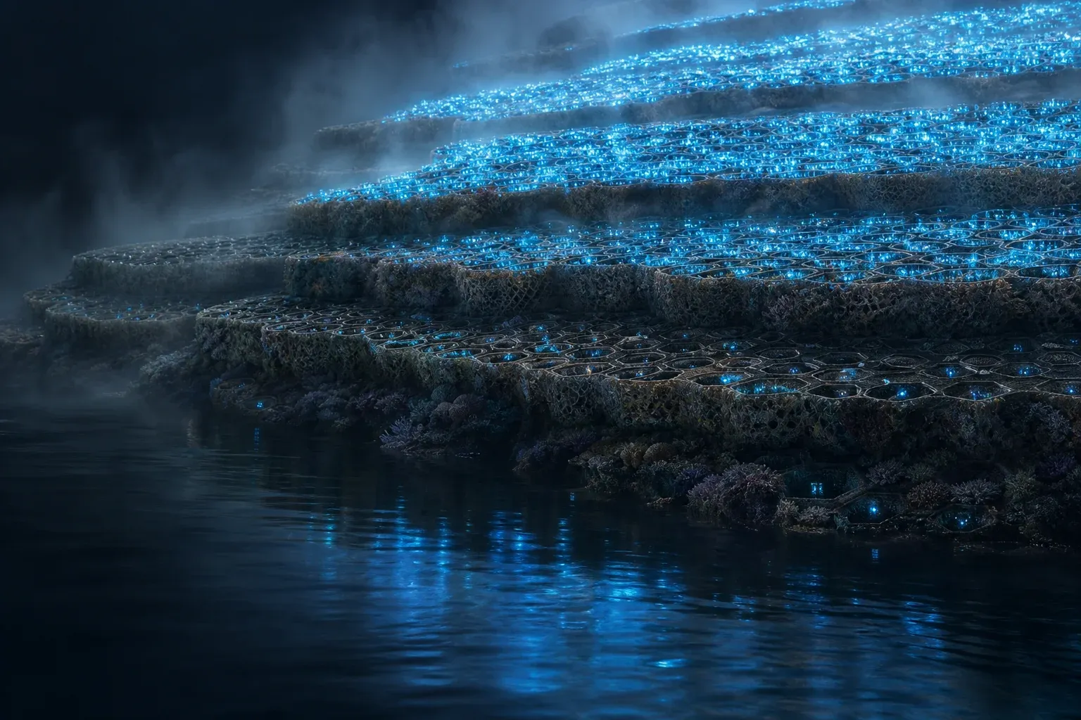 Stepped underwater reef terraces of grid-like coral tiles, sparsely lit at the bottom and densely glowing at the top, reflected in dark water.