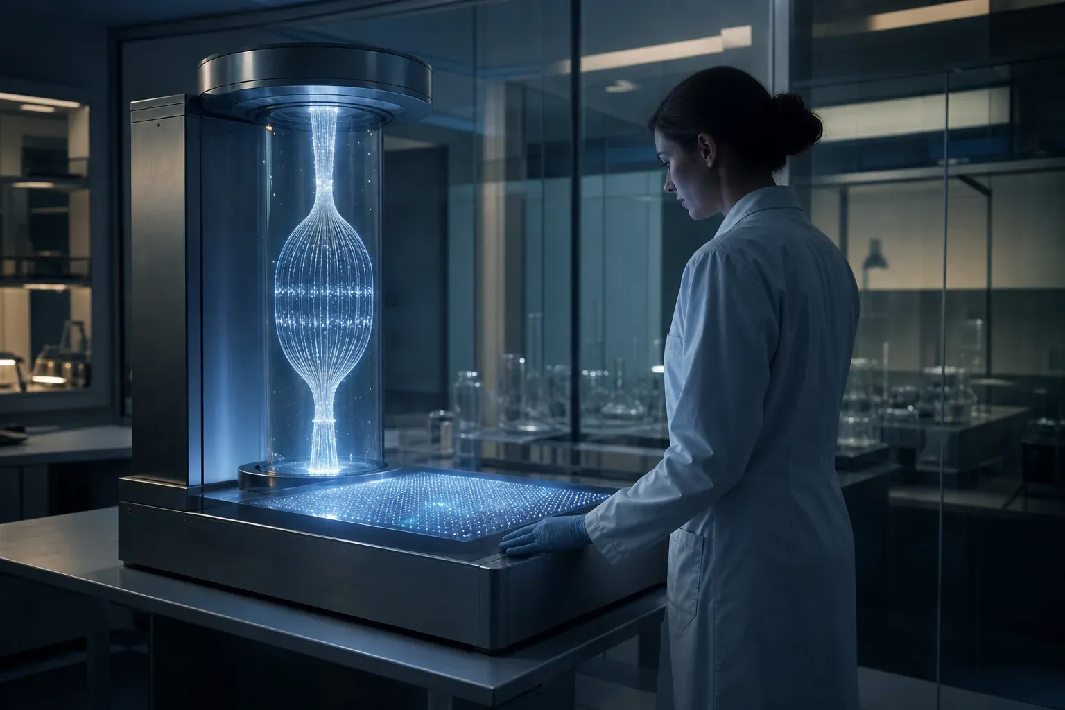 A lab instrument holding a glowing branching strand above a tray of thousands of individually lit tiny wells.