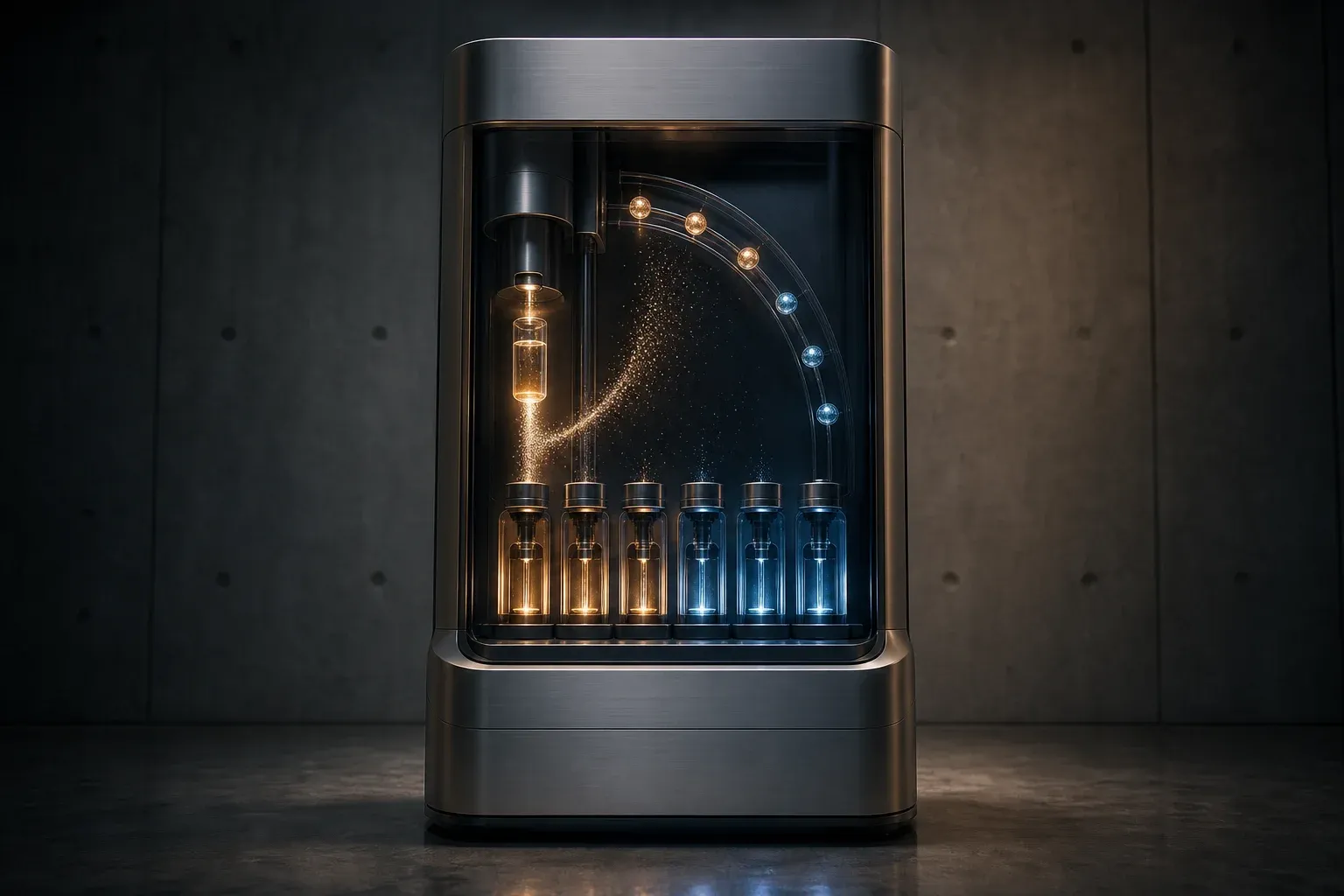 A sleek lab instrument lifting a fan of glowing particles from one plasma vial above six sample ports lit amber and blue.