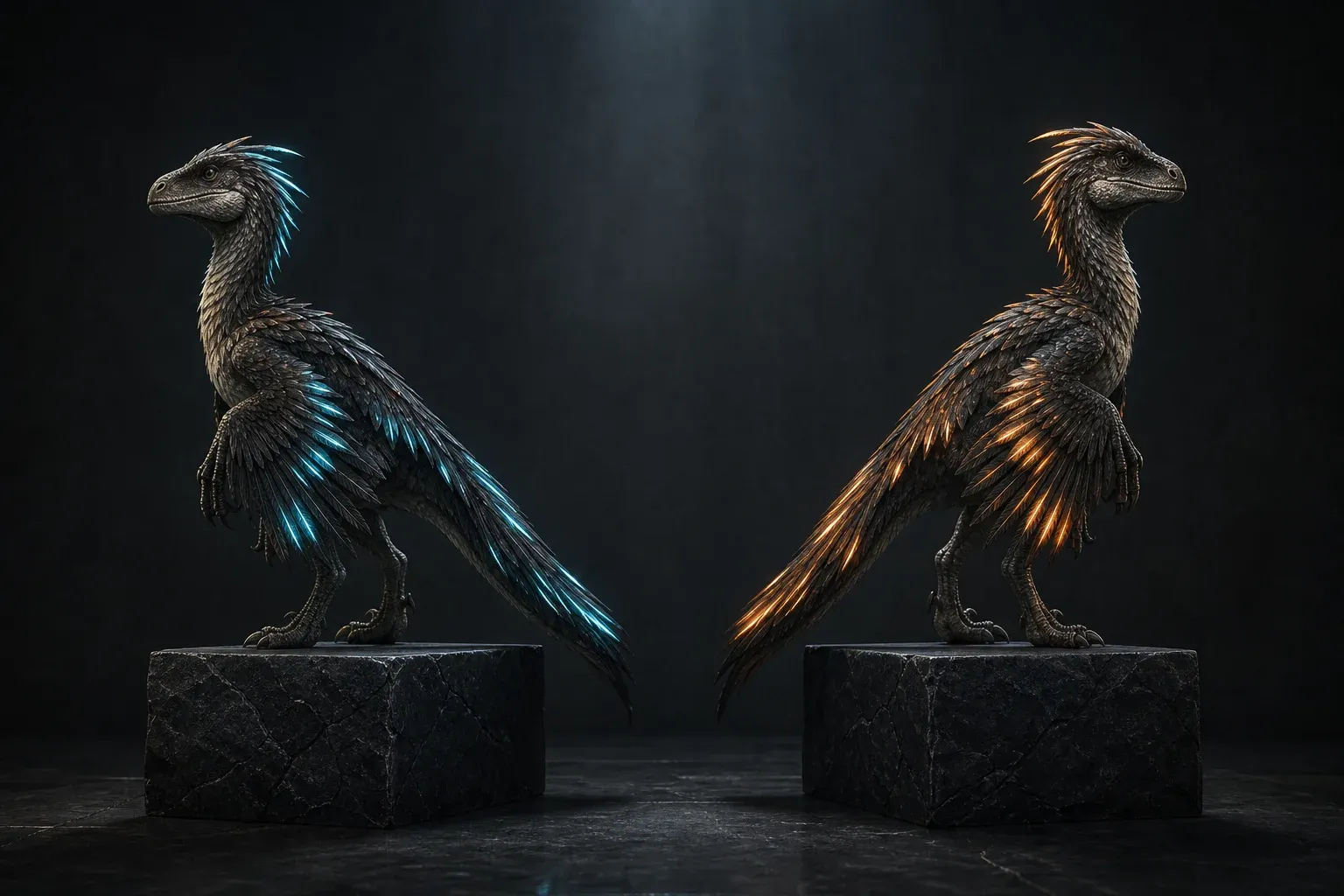 Two nearly identical feathered reptile specimens on black pedestals, one with cyan-glowing feathers, the other amber, under studio light.