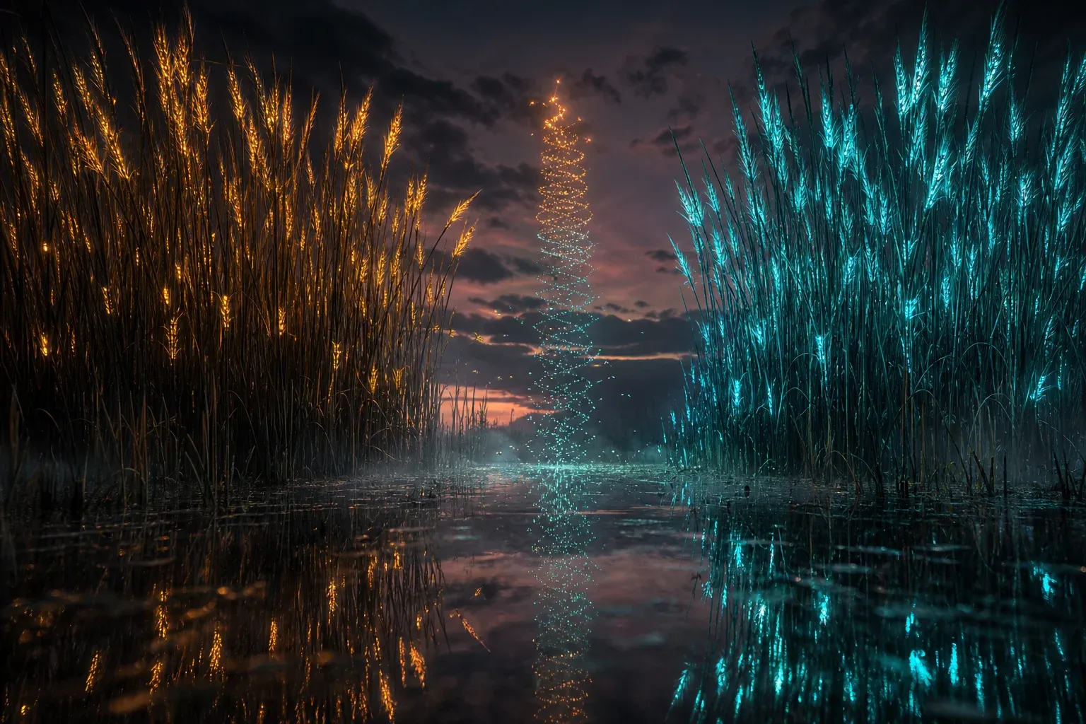 Two glowing reed stands of different colors face each other across a dark channel while glowing threads rise and sort by brightness.