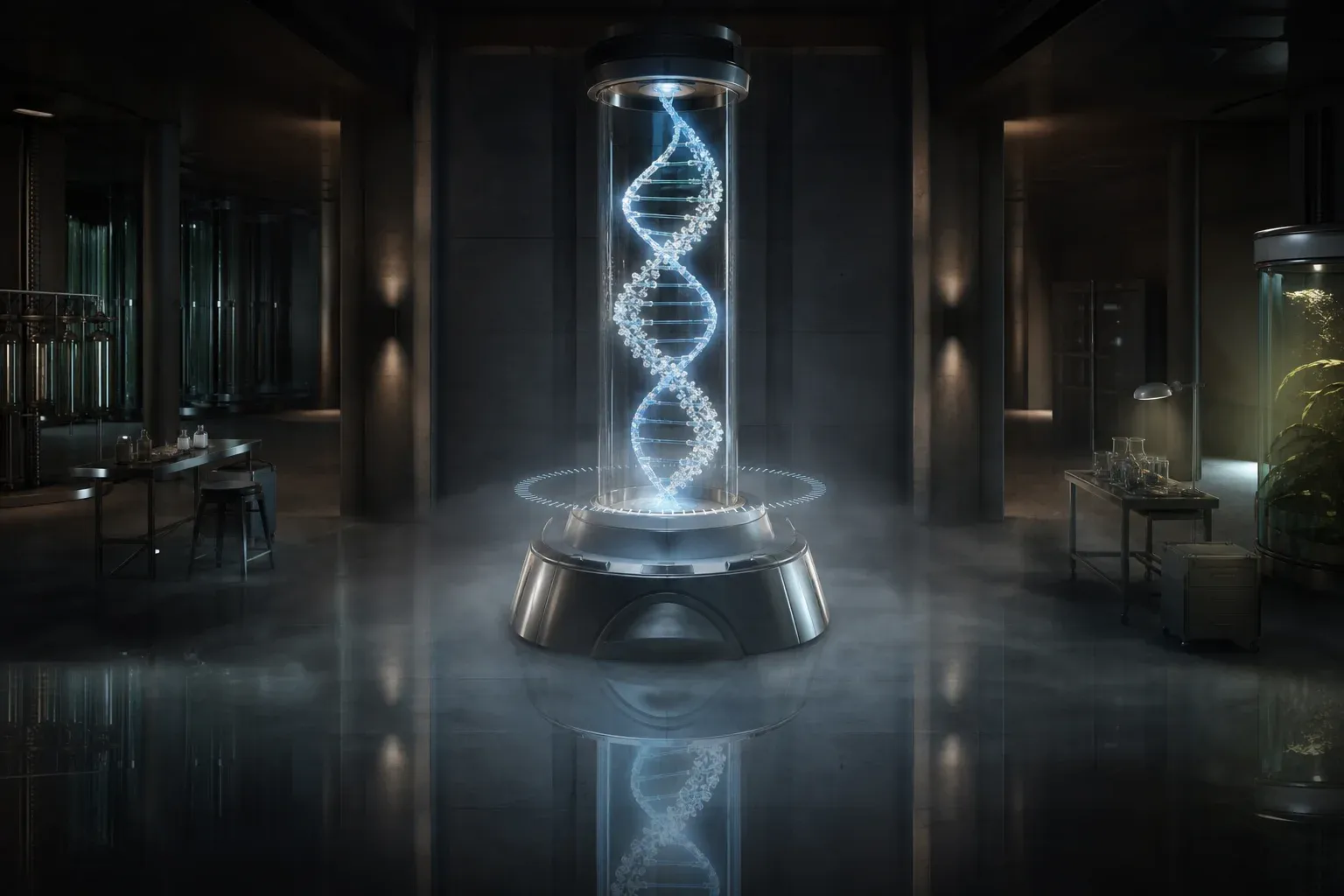 A glowing DNA helix in a glass column studded with small pearl-like beads, above a steel instrument casting a wavering ring of light.