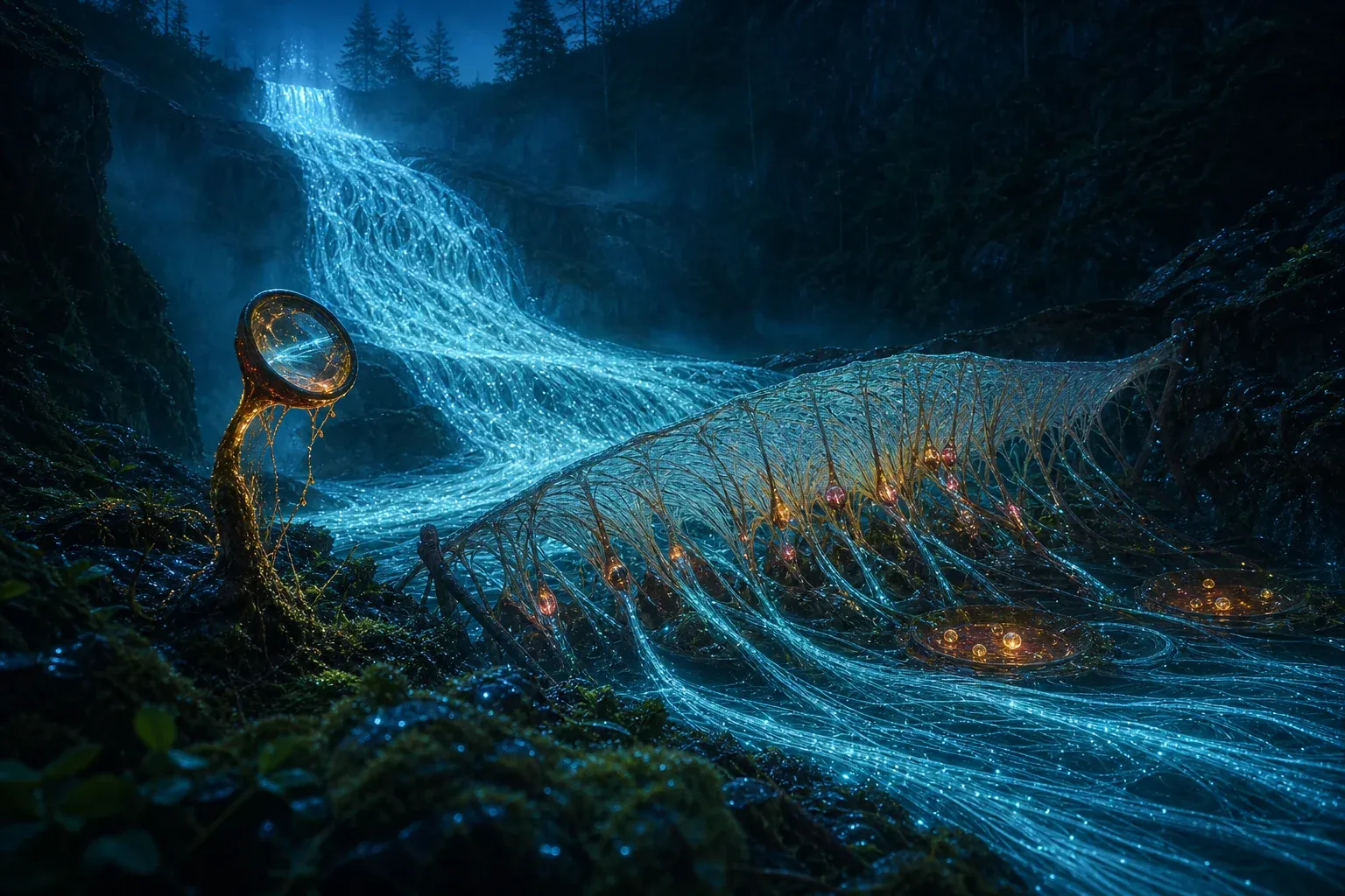 A river of glowing strands in a night forest passes a small living lens, then a huge organic filter that pulls out a few bright beads.