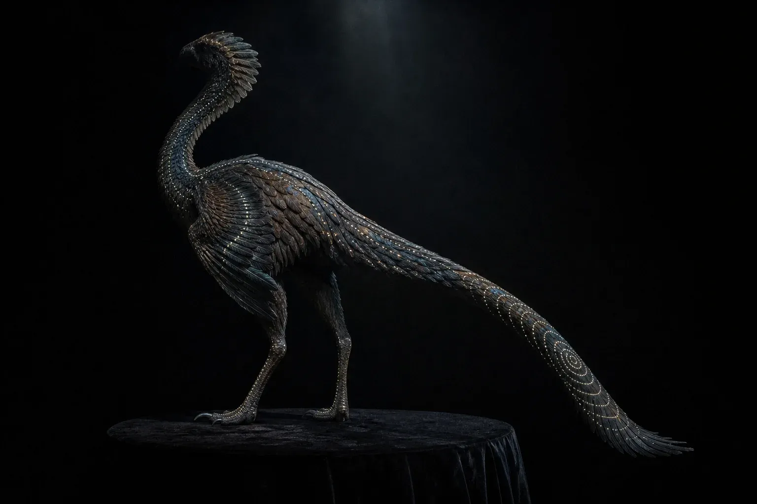 A feathered reptile-bird specimen on a black plinth, its quills marked with rows of lit and unlit beads and banded tail rings.