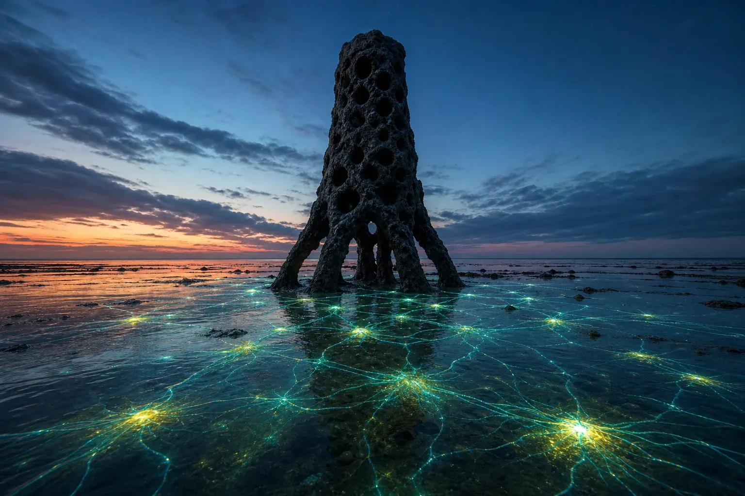 A dark, dead coral tower on a tidal flat beside a glowing blue-green filament lattice regrowing strands between scattered bright nodes.