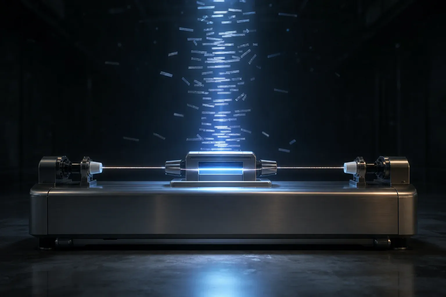 A steel laboratory instrument draws a glowing strand through a reading head while short translucent fragments stack into a lit column above it.
