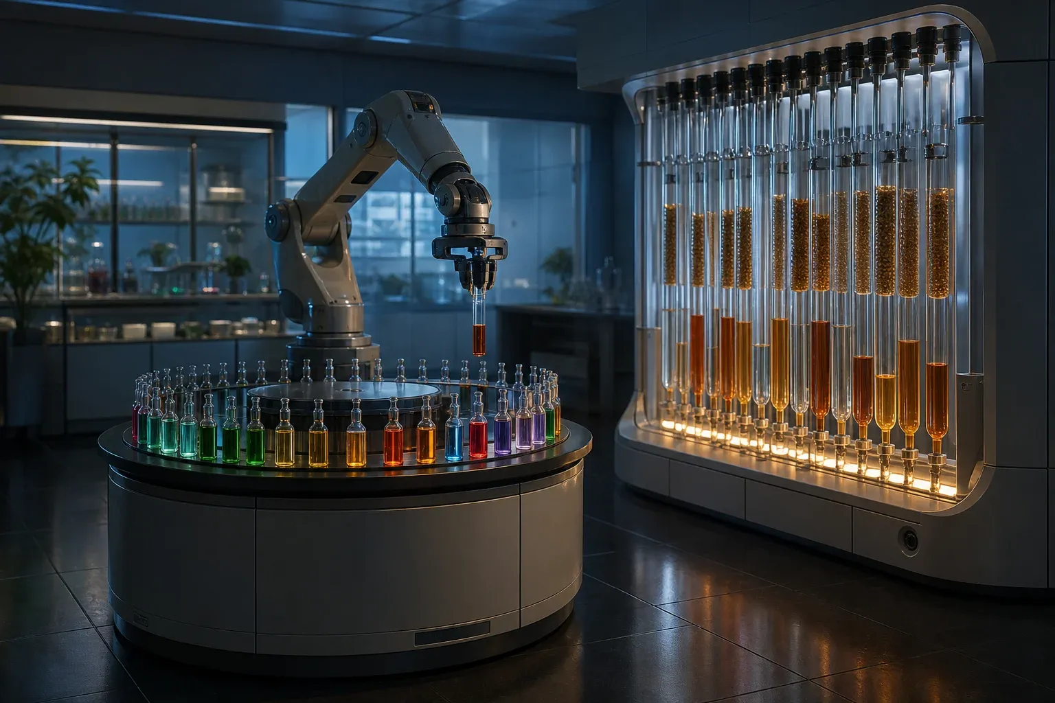 A laboratory instrument rotates a carousel of colored drug ampoules while glowing amber fluid drains at different speeds through tall enzyme columns.