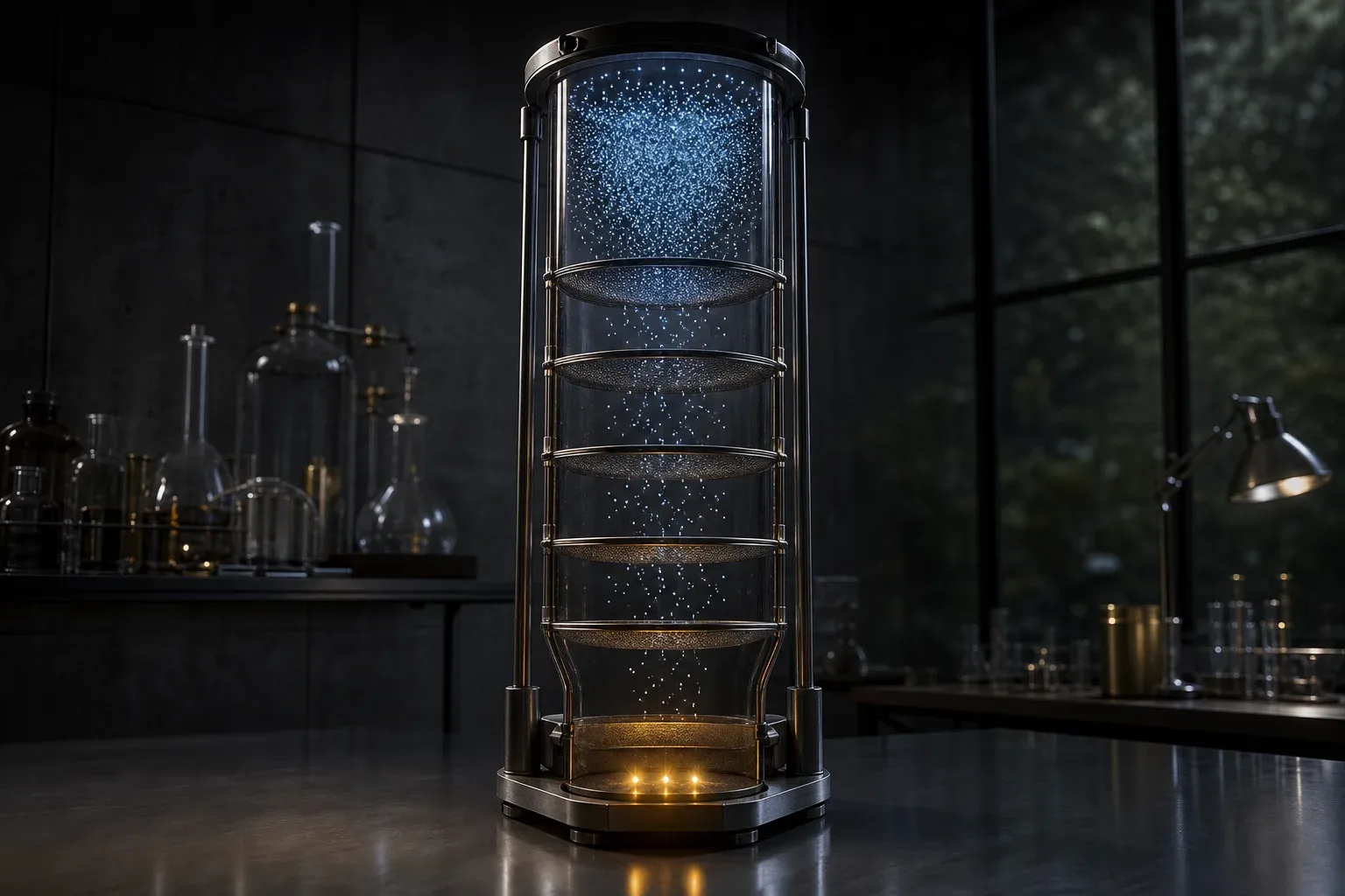 A tall glass laboratory column filters millions of tiny blue glowing beads through fine sieves until four amber beads remain.