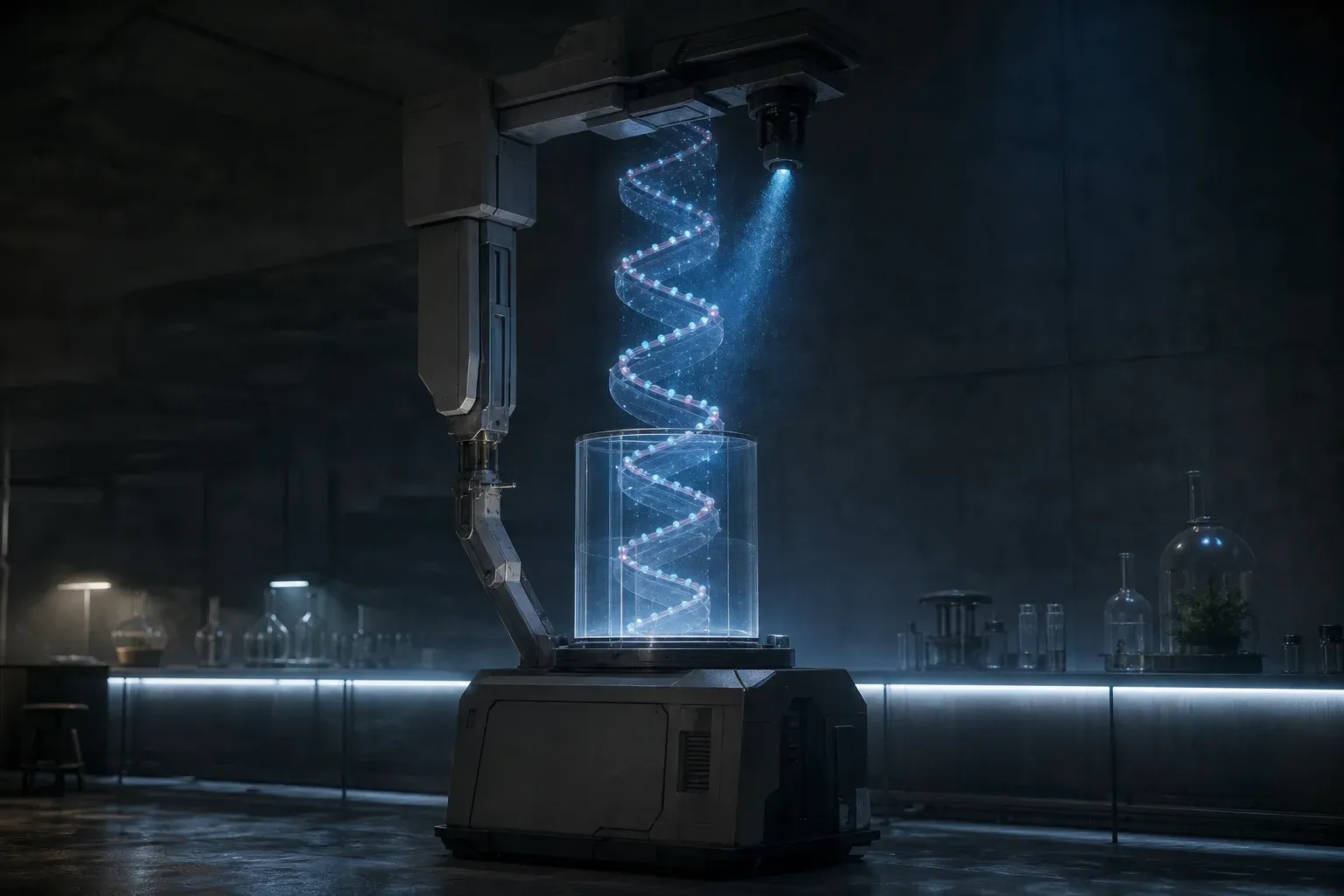 A lab instrument pulls a translucent DNA ribbon with sparse glowing beads through a glass column while blue mist fills the gaps with fainter beads.