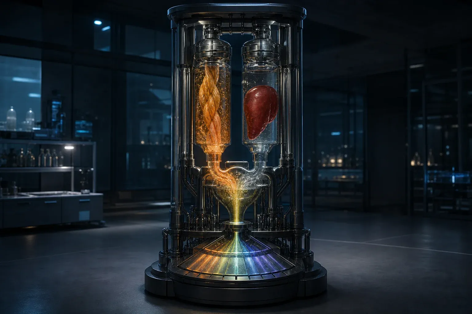 Laboratory instrument with two chambers, twitching glowing muscle fiber and still liver tissue, their fluids merging and splitting into colored light bands.